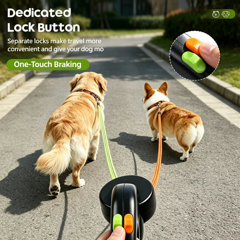 Double-Ended Pet Leash With LED Flashlight One-Hand Operation For Outdoor Walking Automatic Small Medium Dog walkies Lead