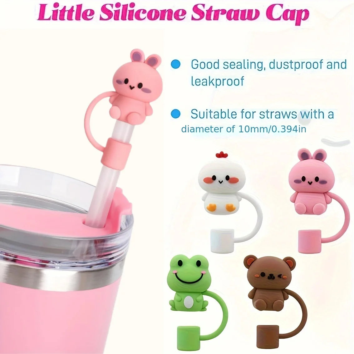 5/10pc Straw Cover Cap Animal Silicone Straw Head Cover Fits 30/40oz Tumbler 0.4in Dustproof Straw Tip Lids For Staly Cup Access
