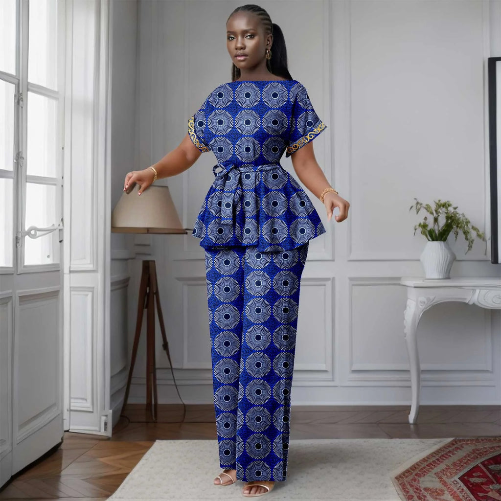 African Women's Printed Ankara Slash Neck Short Sleeve Top Mid-Calf Pants two-piece Set Dashiki Casual Party