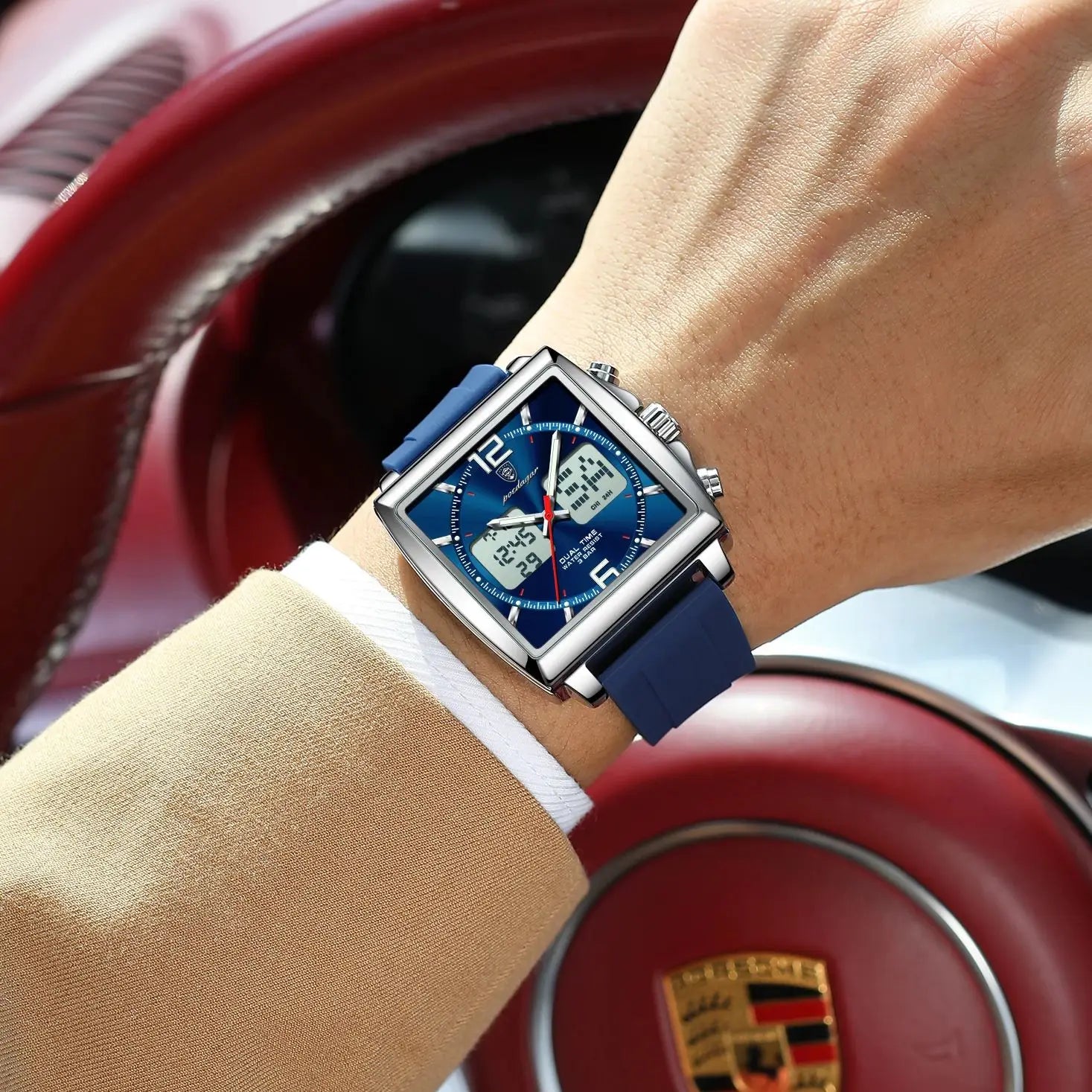 POEDAGAR Luxury Top Man Watch Electronic Square LED Alarm Chronograph Men's Watches Week Date Dual Time Display Men Quartz Clock