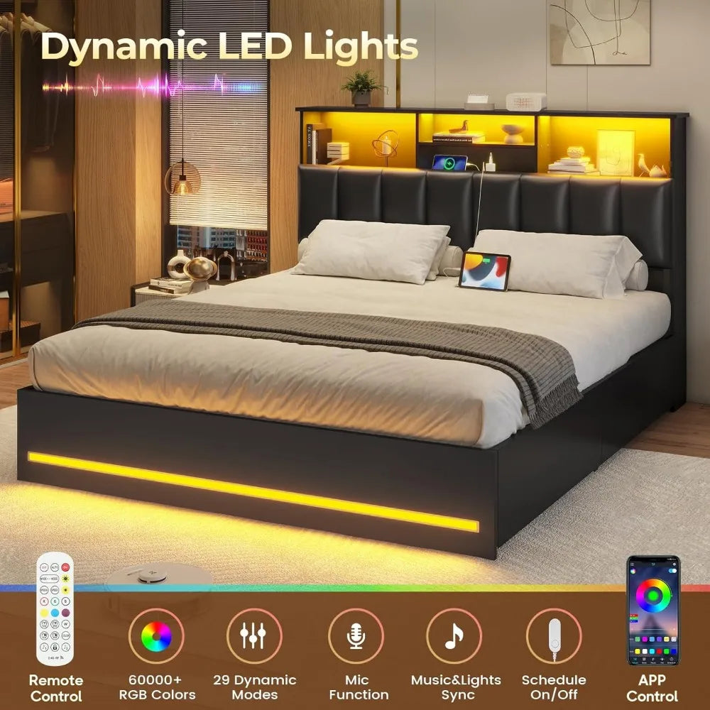 VIAGDO Queen Bed Frame with Bookcase Headboard, Wooden Bed Frame Queen Size with Charging Station, 4 Storage Drawers and LED Lig
