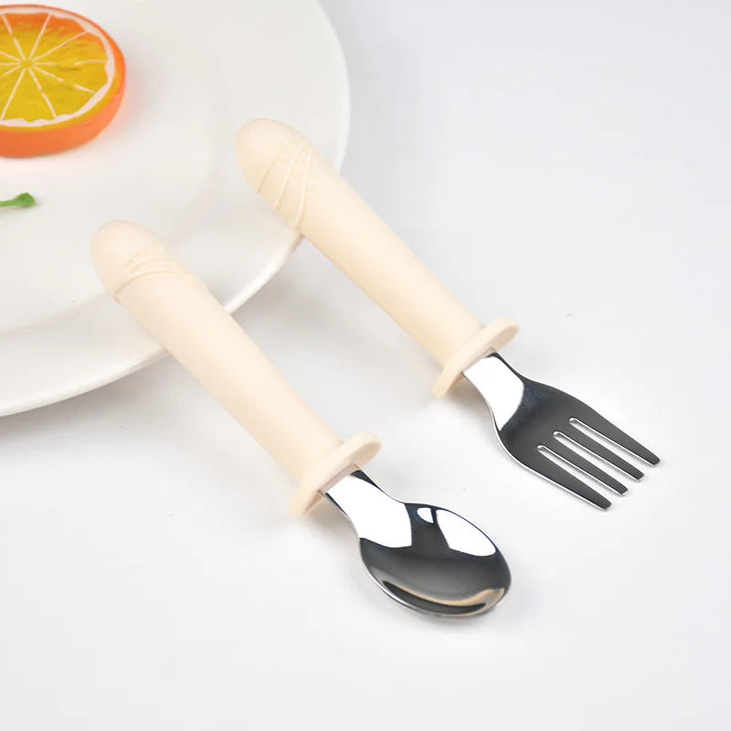Stainless Steel Fork Spoon Baby Training Dining Accessories Tableware Food grade Silicone Long Handle Set