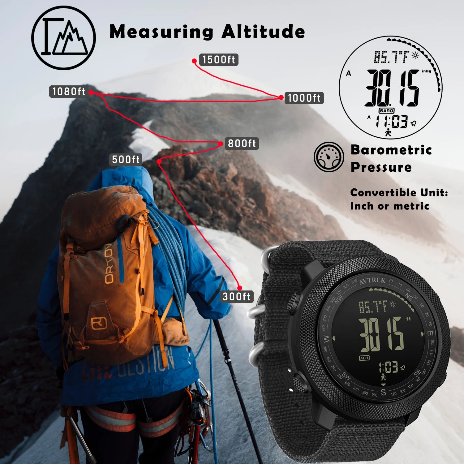 Avtrek Sport Digital Watch Military Army Watches Men's Outdoor Hiking Compass Waterproof Altimeter Barometer Tourist Wrist Watch
