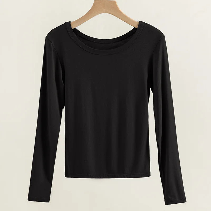 1pcs Plain T Shirt Womens Elastic Basic T-shirts Females Casual Slimming Tops Long Sleeve Sexy Thin T-Shirt Lady Warm Underwears