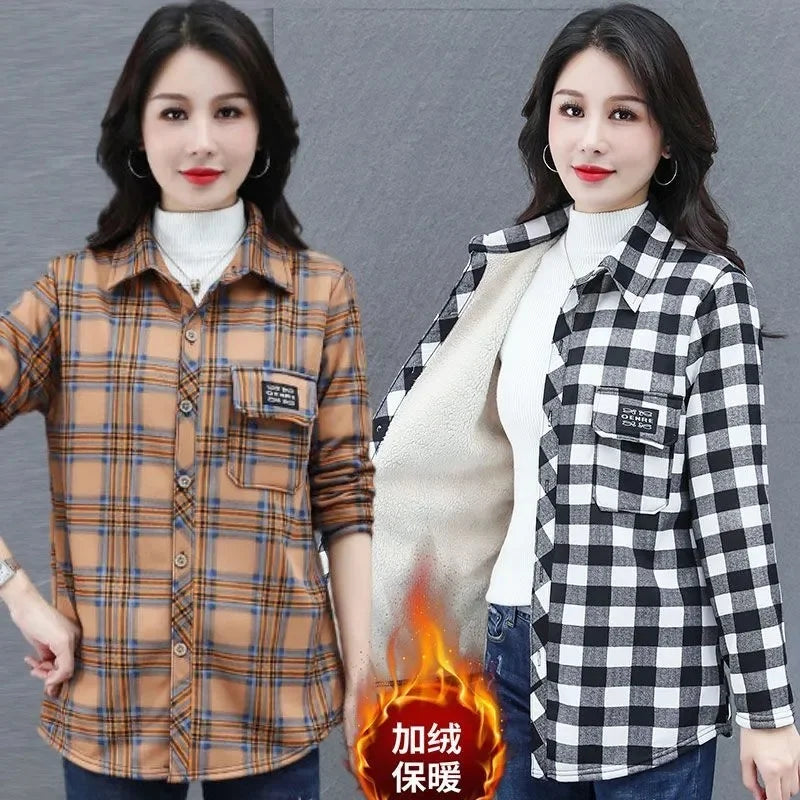 Keep Warm Add Velvet Shirt For Women 2026 New Spring Autumn Winter Fashion Versatile Grid Shirt Jacket Female Blouse Top