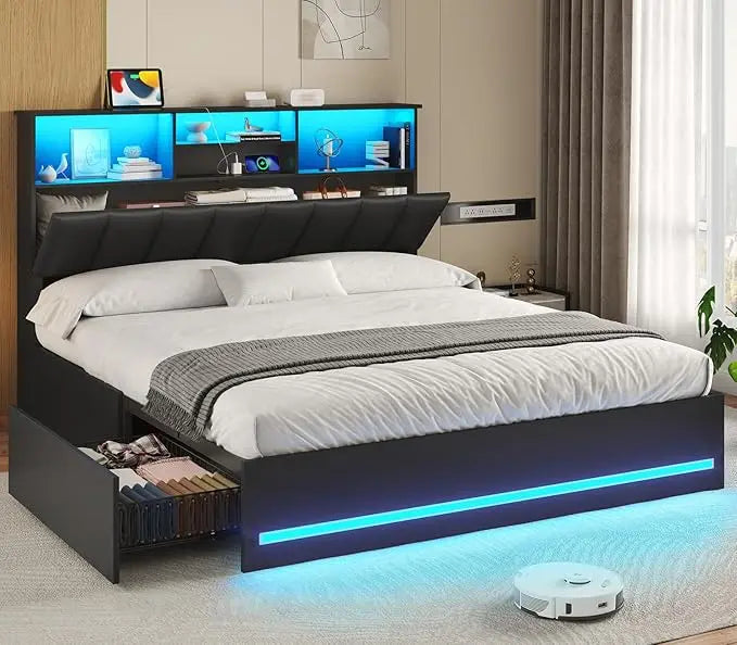 VIAGDO Queen Bed Frame with Bookcase Headboard, Wooden Bed Frame Queen Size with Charging Station, 4 Storage Drawers and LED Lig