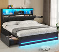 VIAGDO Queen Bed Frame with Bookcase Headboard, Wooden Bed Frame Queen Size with Charging Station, 4 Storage Drawers and LED Lig