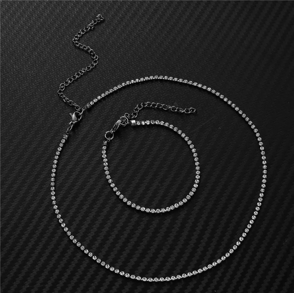 Trendy Iced Out Tennis Chain Set Gold Silver Color Stainless Steel Choker Necklace Bracelet for Women Party Jewelry Sets 2025