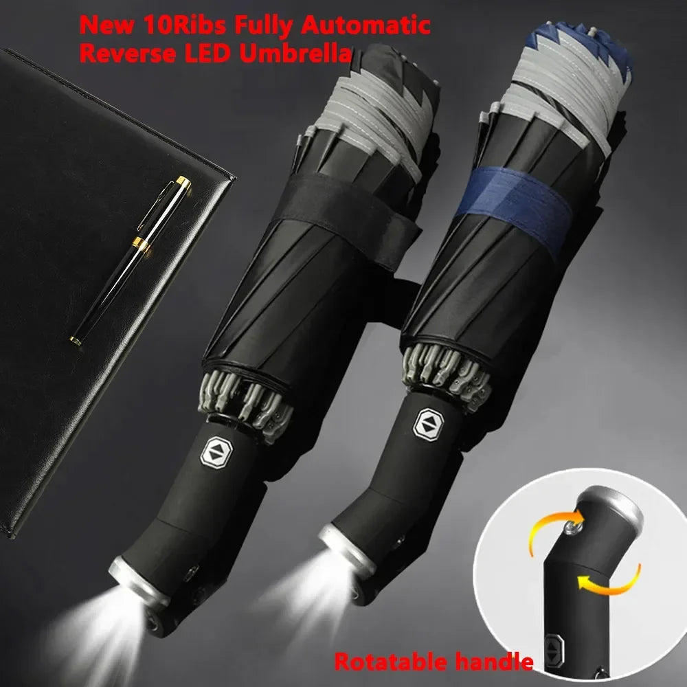 Fully automatic folding waterproof umbrella with LED flashlight and UV protection, wind and rainproof