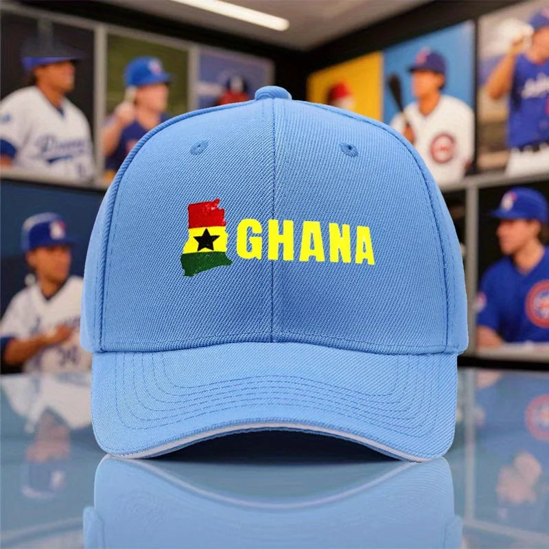1pc Unisex Baseball Cap, New Style Breathable Black Snapback Hat with Ghana Print for Outdoor Camping, Travel, Running, Yoga, an