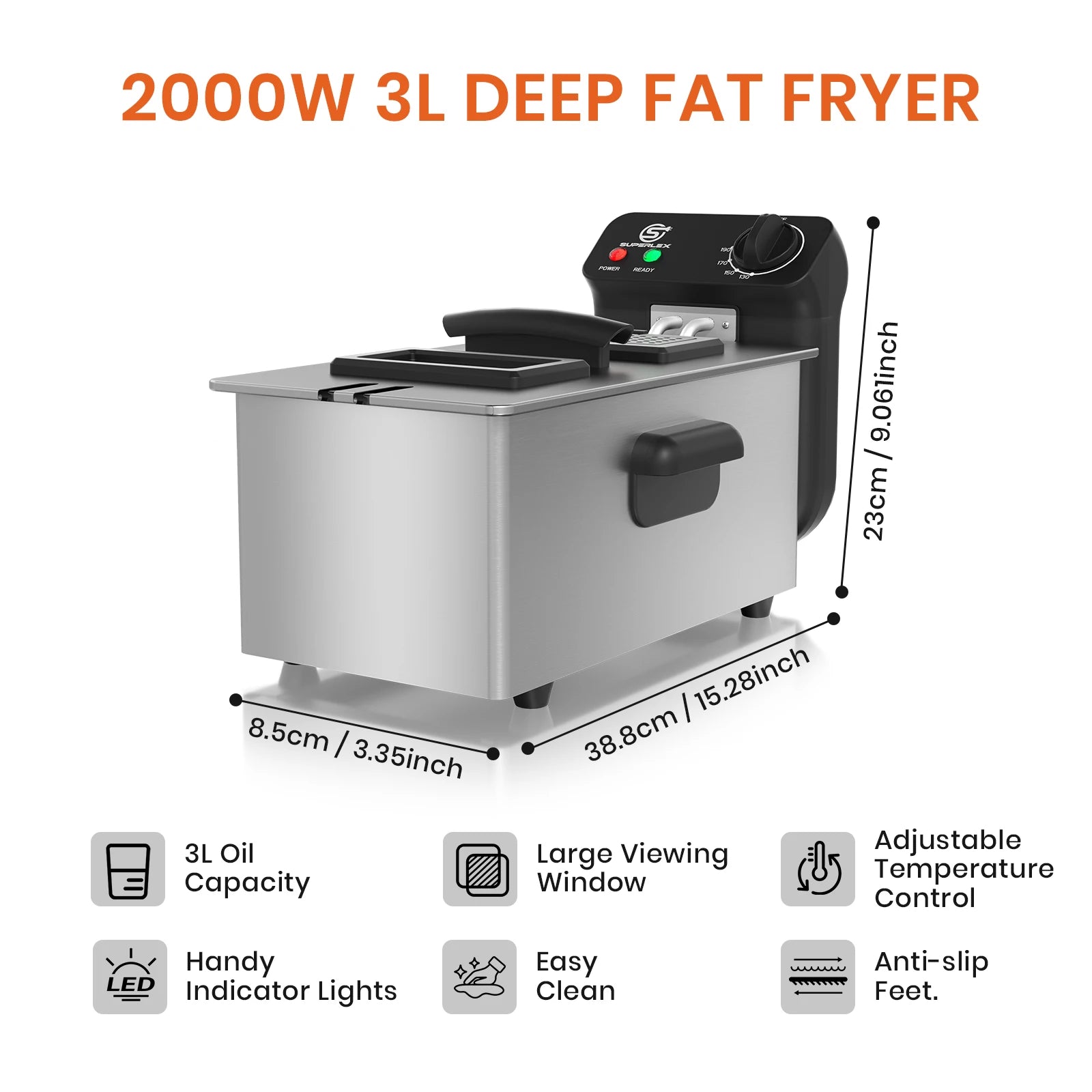 SUPERLEX 2000W Electric Deep Fryers Oil  Adjustable Fried Chicken Grill French Fries Heating Cooker 3L Stainless Steel Fat Fryer