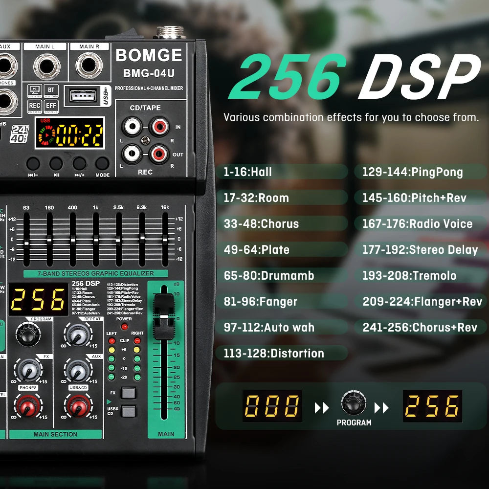BOMGE New Model of Compact Mixer, 256 DSP, with 7 band EQ Master EQ, Full Metal Chassis Design, Can Work with 4, 6, 8 Channel.