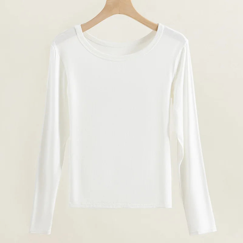 1pcs Plain T Shirt Womens Elastic Basic T-shirts Females Casual Slimming Tops Long Sleeve Sexy Thin T-Shirt Lady Warm Underwears