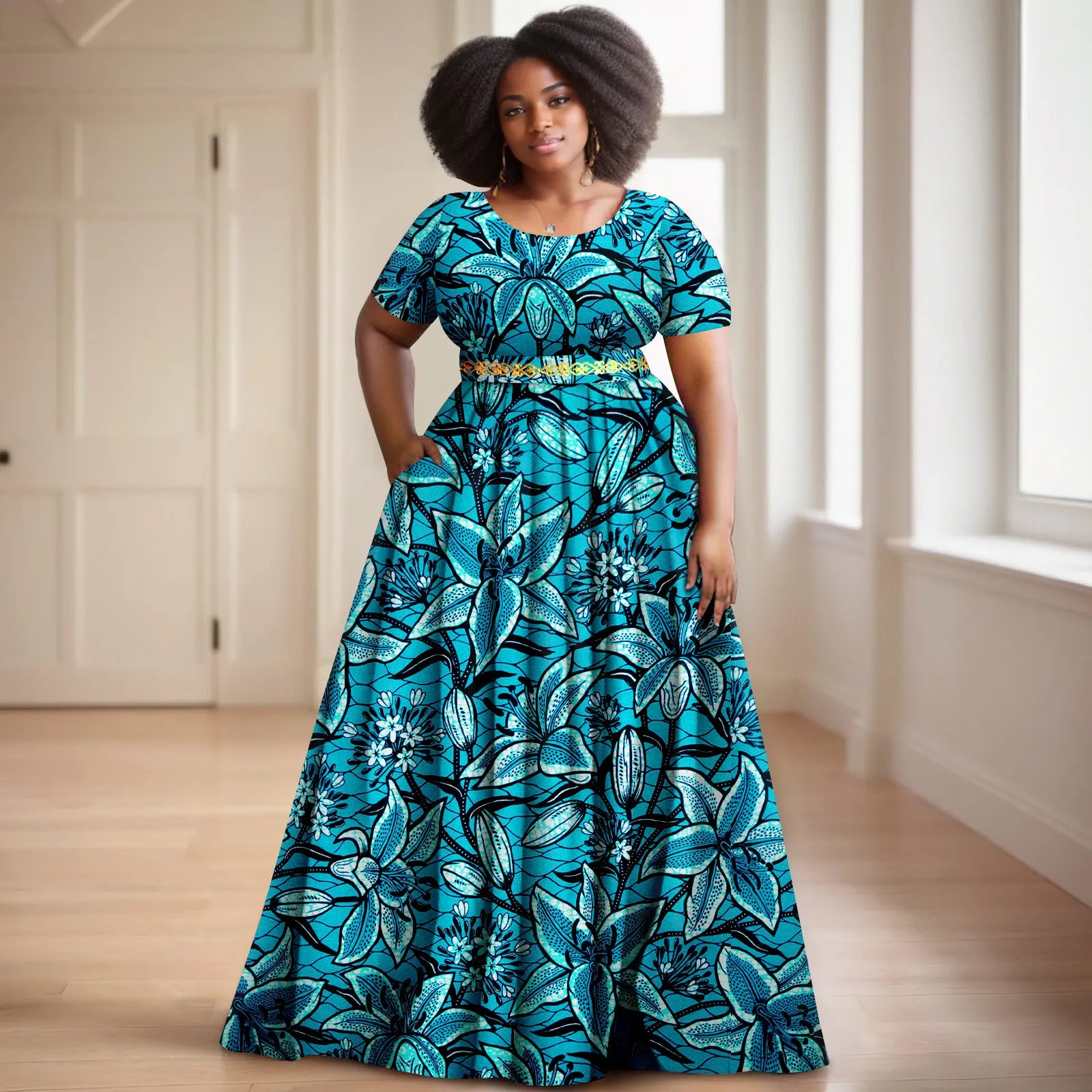 Afripride African Women's Dresses Ankara Batik Short Sleeve Gold Stamped Belt Accessory Dress 2425127