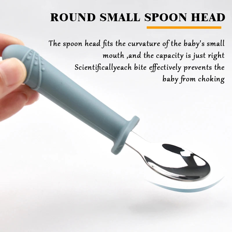 Stainless Steel Fork Spoon Baby Training Dining Accessories Tableware Food grade Silicone Long Handle Set