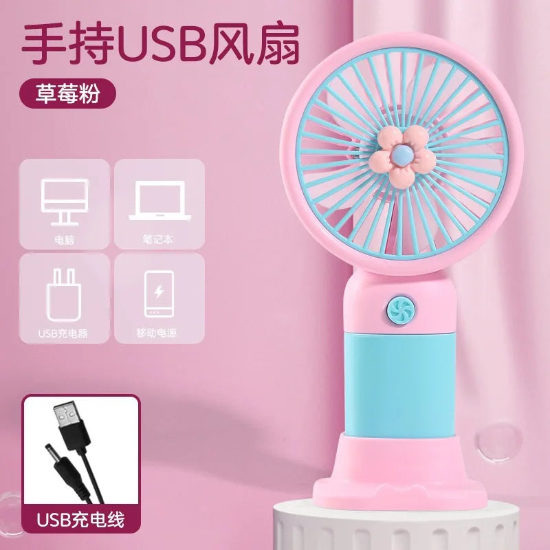 Portable Handheld USB Mini Fan with Stand Cartoon Design Rechargeable Student Fan