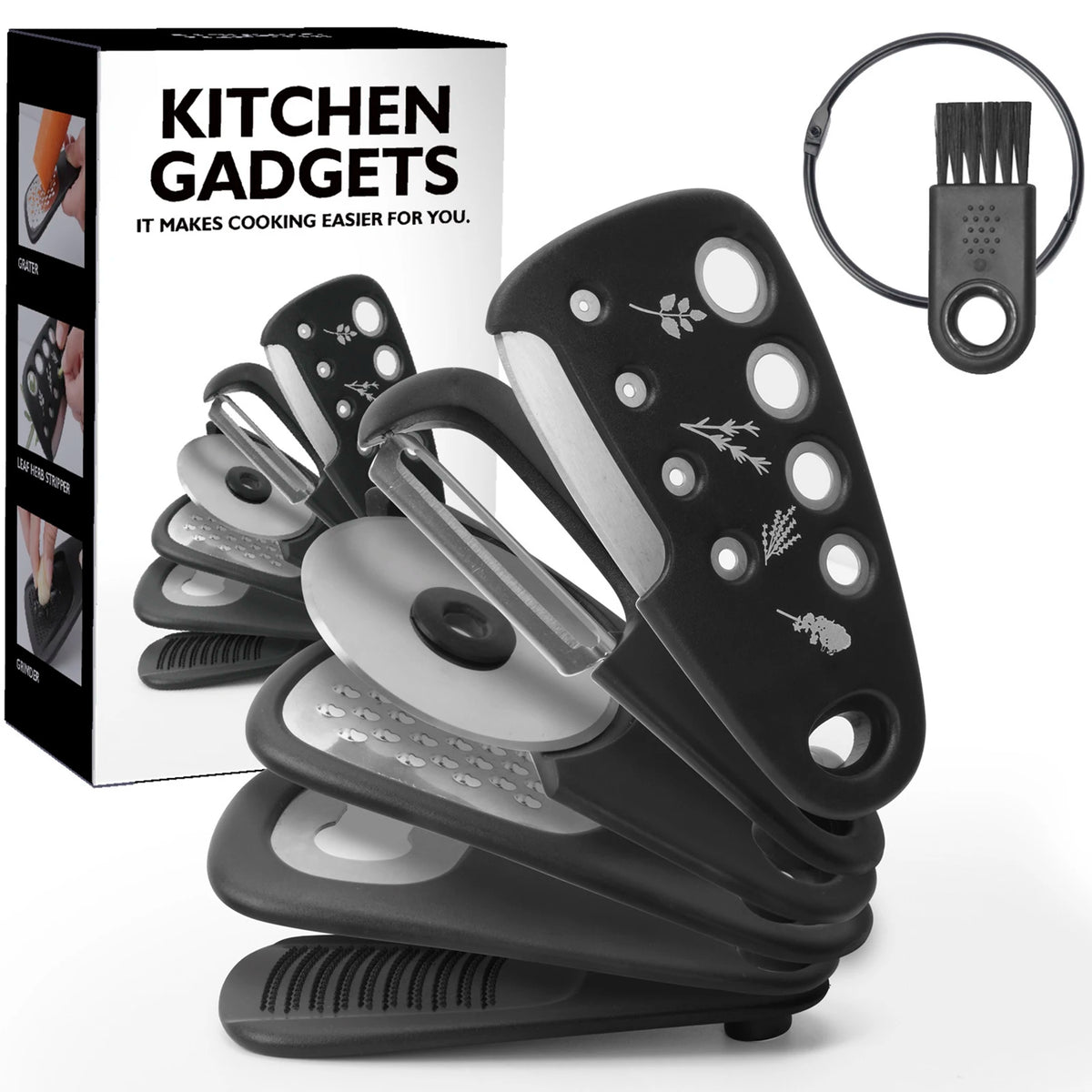 7 In 1 Kitchen Gadgets with Pizza Cutter Vegetable Peeler Bottle Opener Cheese Grater Herb Stripper Garlic Grinder and Brush