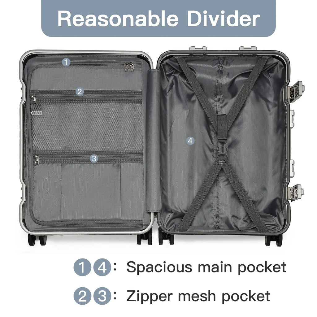 Hard Case Suitcase Trolley Aluminum Frame suitcase PC hand luggage with 4 Rolls TSA Check-in Luggage Trackcase Black