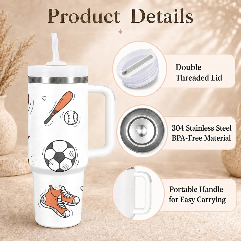 Football Game Team Vacuum Flasks 40oz Stainless Steel Insulated Tumbler with Handle Straw Leakproof Cup Daily Travel Mug