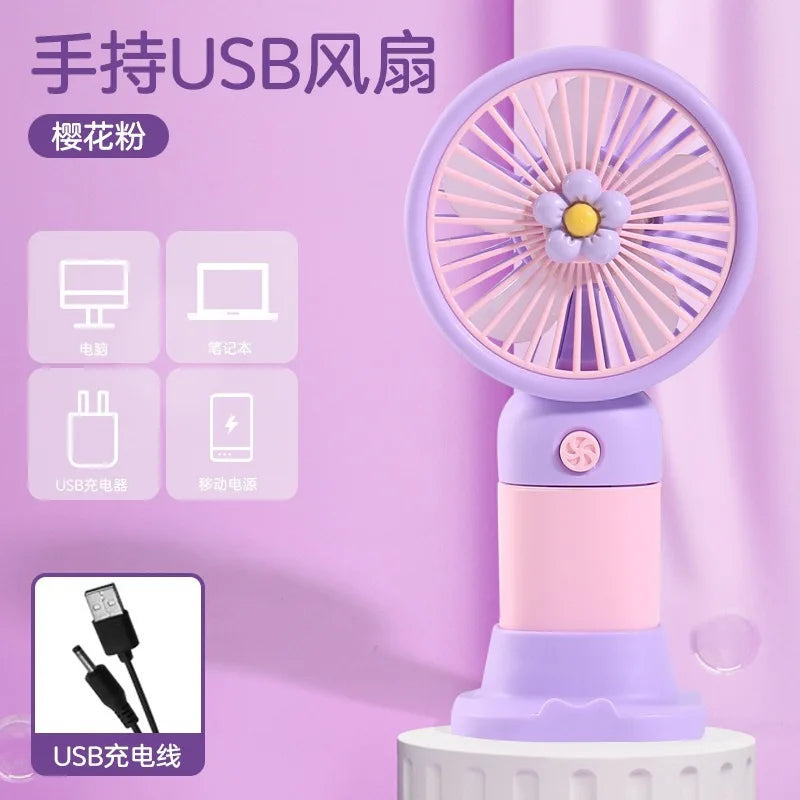 Portable Handheld USB Mini Fan with Stand Cartoon Design Rechargeable Student Fan