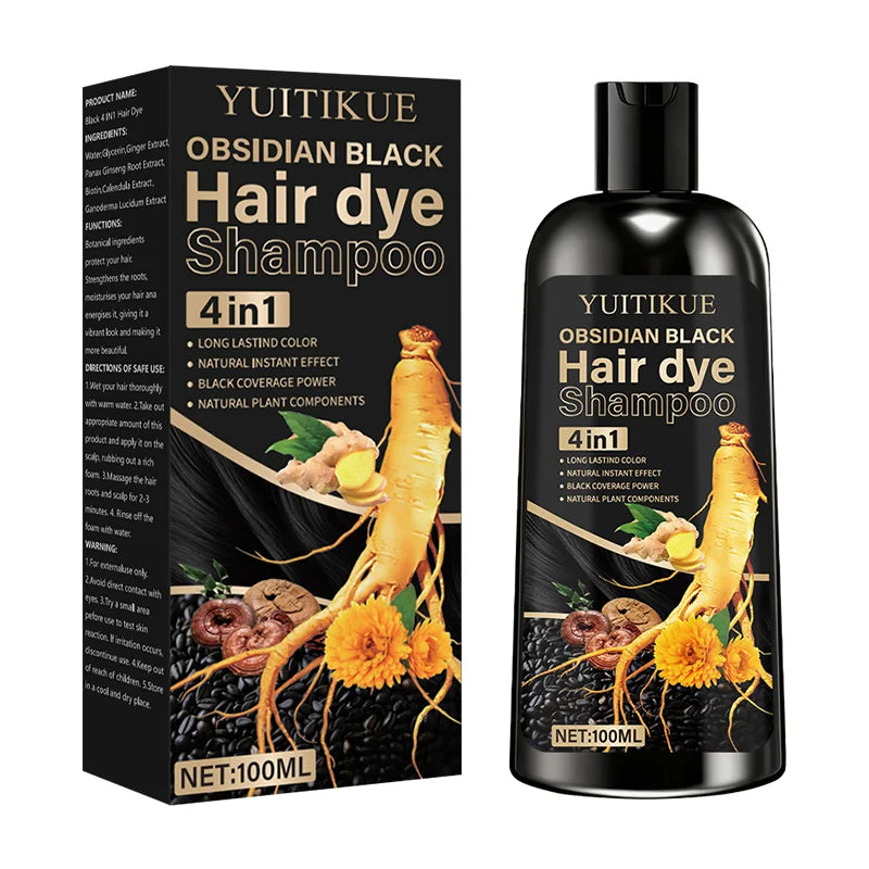 Obsidian black hair dye shampoo 4-in-1, long-lasting color, natural instant effect, black coverage, natural plant ingredients