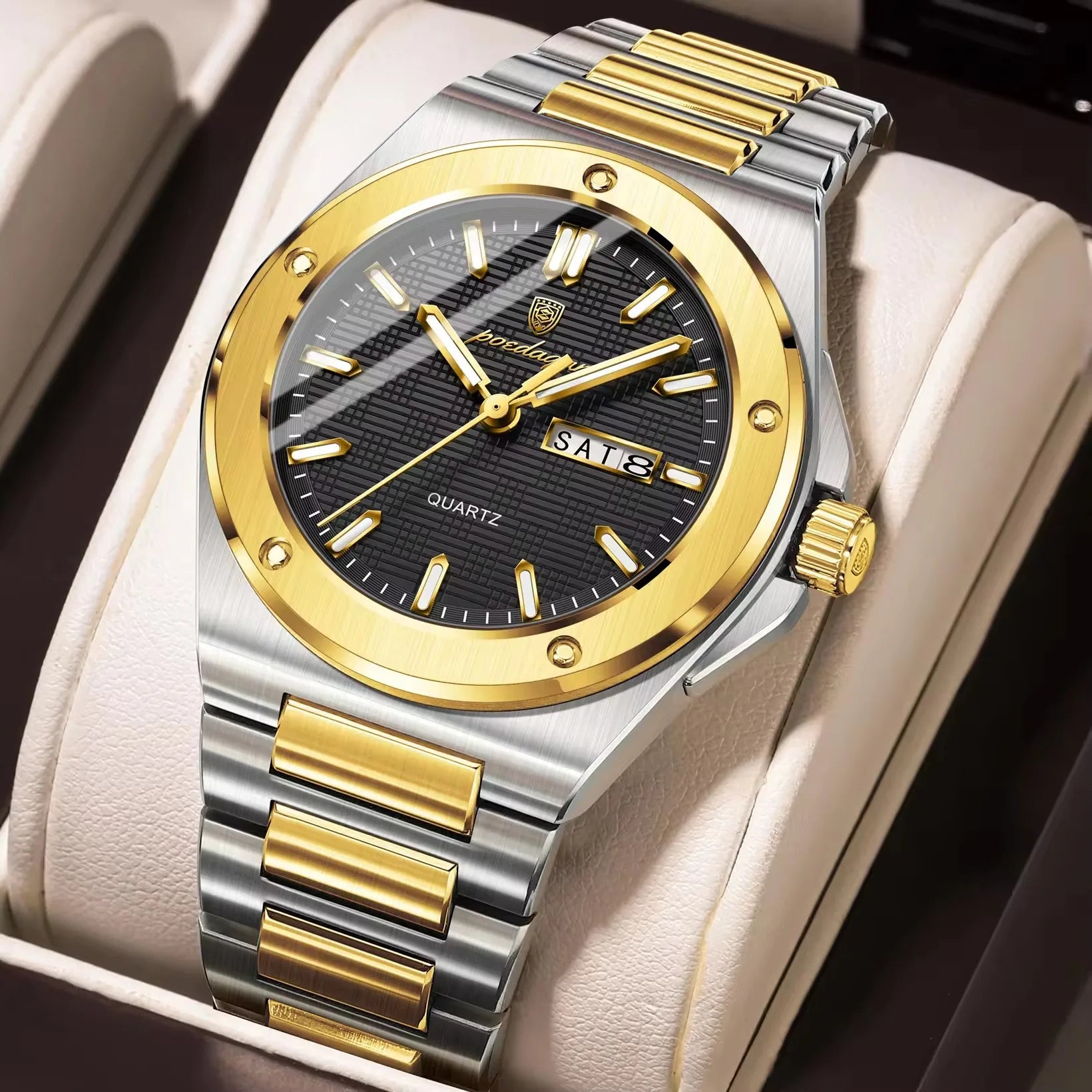 Poedagar 696 Hot Sale Men Stainless Steel Band Quartz Movement Watch Waterproof Fashion Business Luminous Calendar Wristwatch