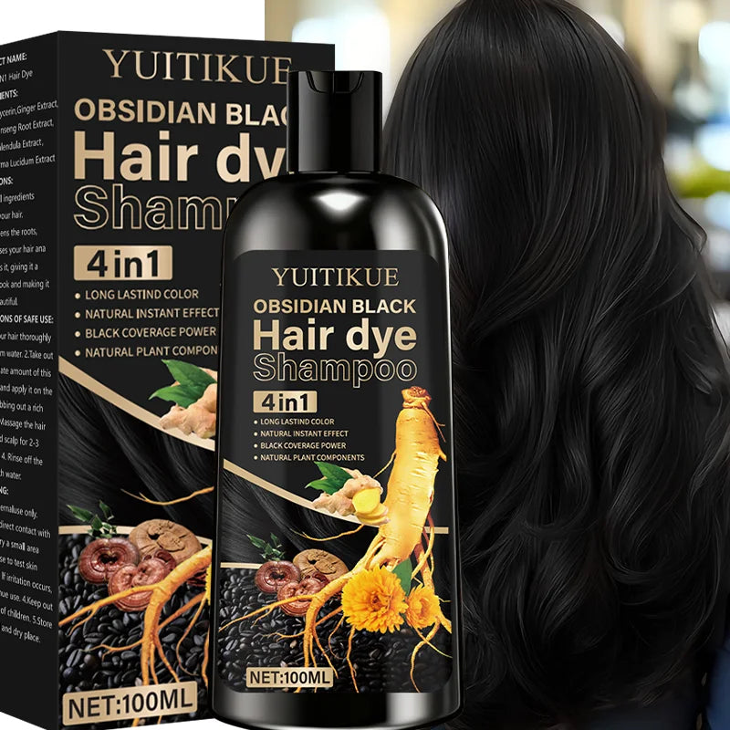 Obsidian black hair dye shampoo 4-in-1, long-lasting color, natural instant effect, black coverage, natural plant ingredients