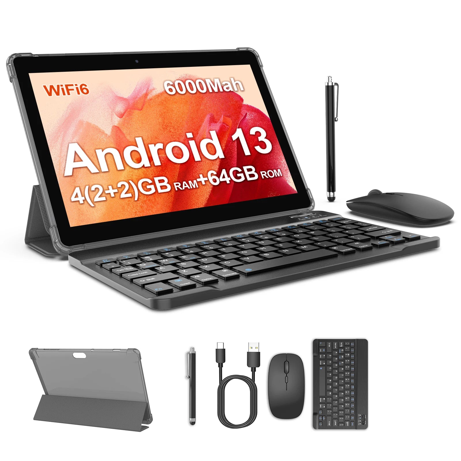 BAKEN 10.1-inch Android13 tablet, 4(2+2)GB+64GB, quad-core processor, dual cameras, wifi, Bluetooth, free accessories