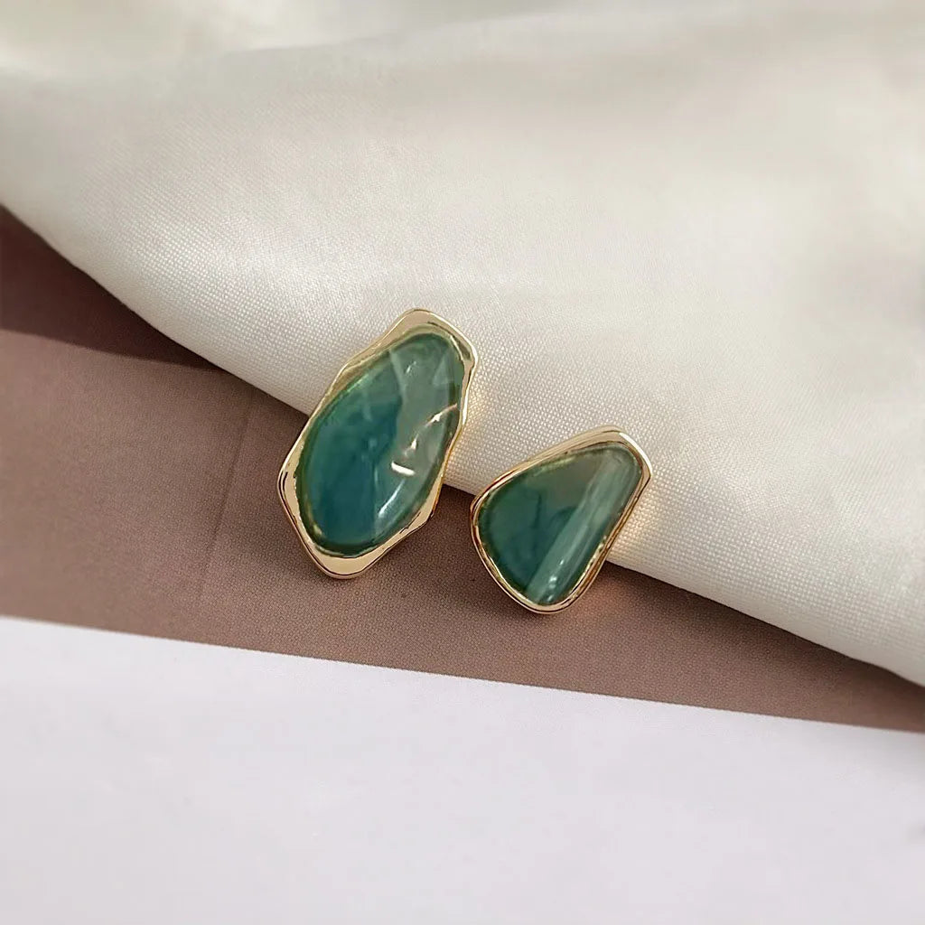 Simple Temperament Gradient blue-green Irregular Geometric Asymmetrical Stud Earrings Vintage Fashion Jewelry For Women