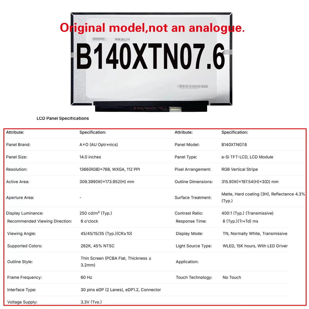 Original New A+ 14 inch Slim Laptop Lcd Screen Panel NV140FHM N41 V8.0 B140XTN07.9 B140XTN07.1 B140XTN07.7 B140XTN07.6