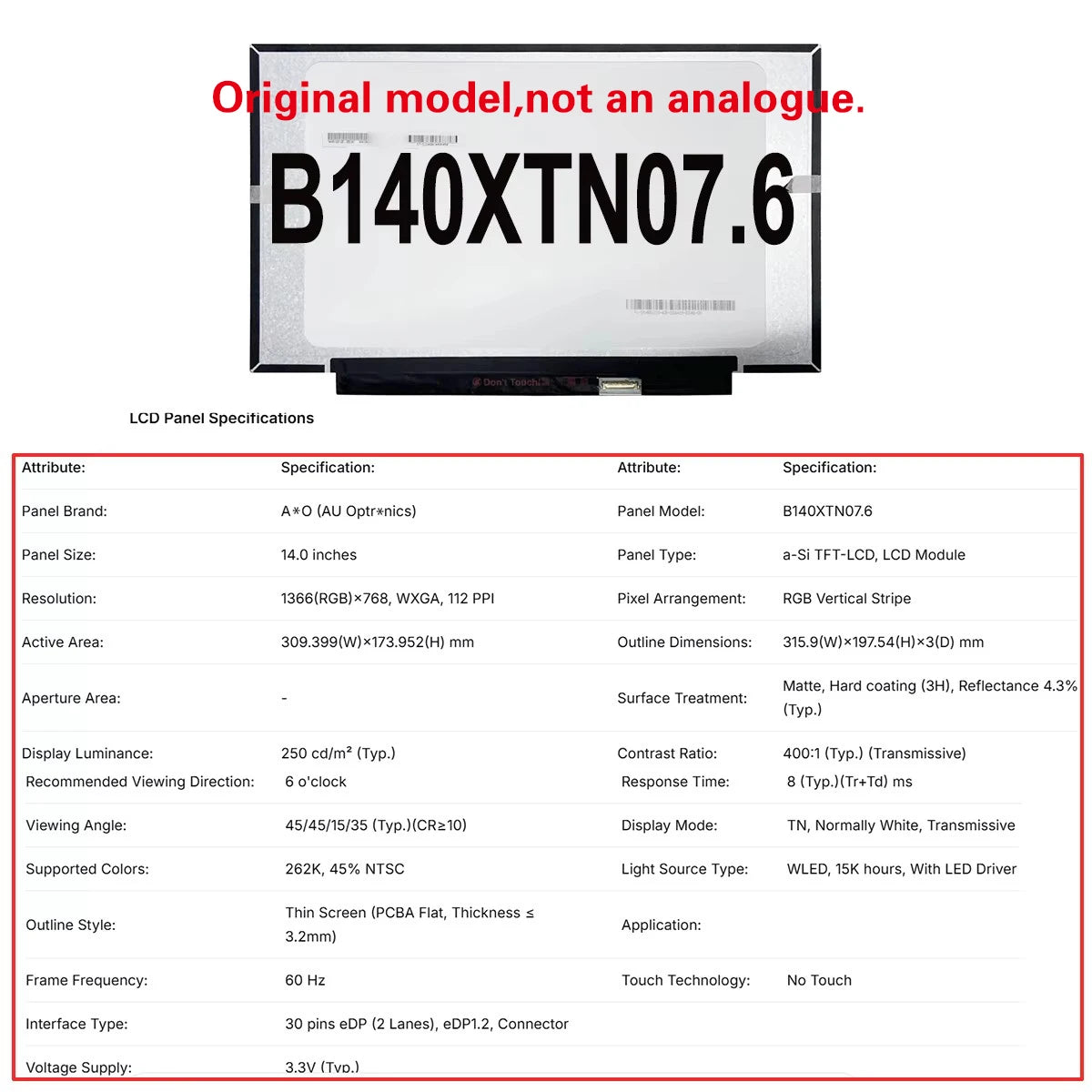 Original New A+ 14 inch Slim Laptop Lcd Screen Panel NV140FHM N41 V8.0 B140XTN07.9 B140XTN07.1 B140XTN07.7 B140XTN07.6