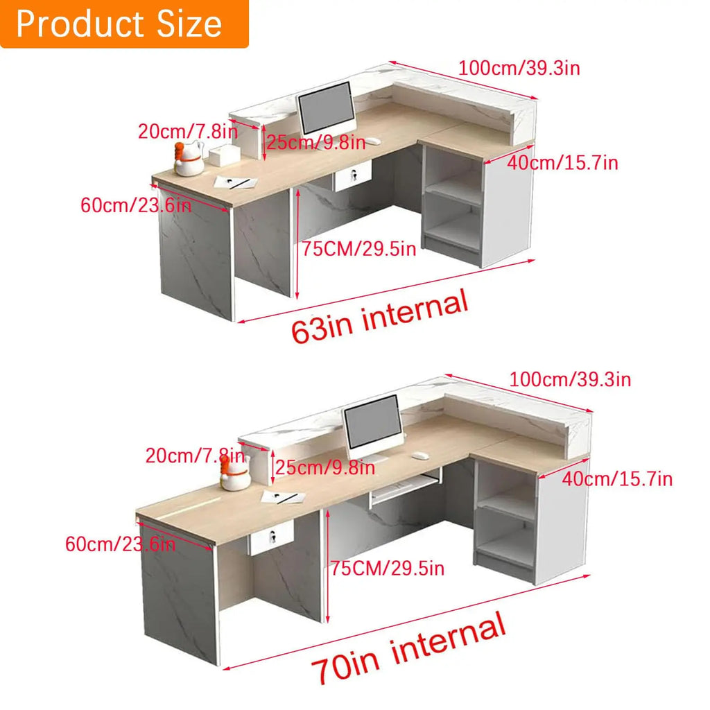 L-Shaped Reception Desk,Modern Reception Counter Retail Checkout Counter with LED Lighting & Lockable Drawers Door, Customized