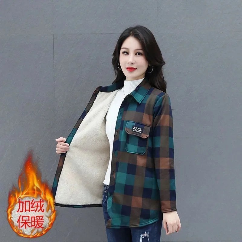 Keep Warm Add Velvet Shirt For Women 2026 New Spring Autumn Winter Fashion Versatile Grid Shirt Jacket Female Blouse Top