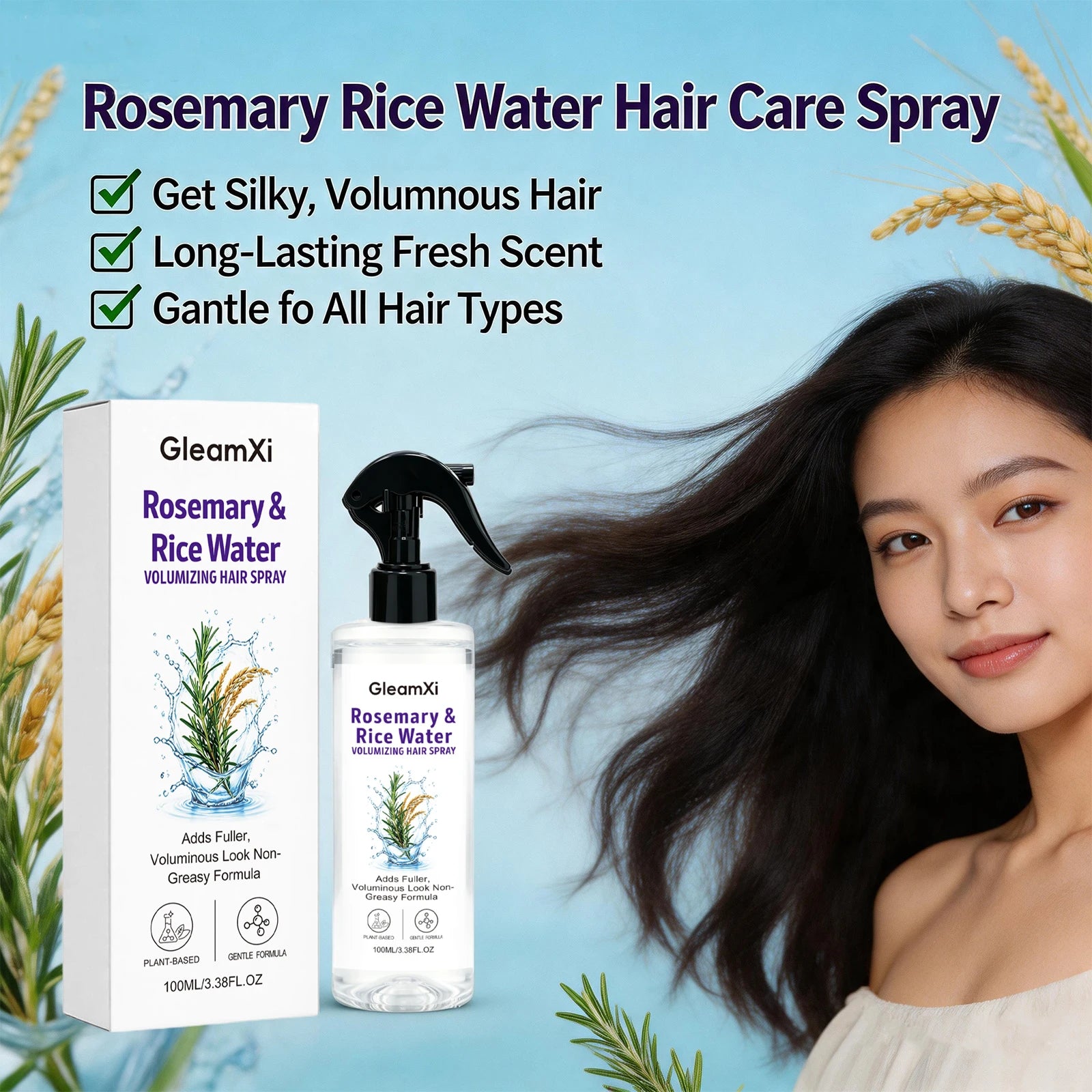 Rosemary & Rice Water Volumizing Hair Spray Lightweight Hydrating Strengthening Hair Root Improve Split Ends Nourish Hair Care