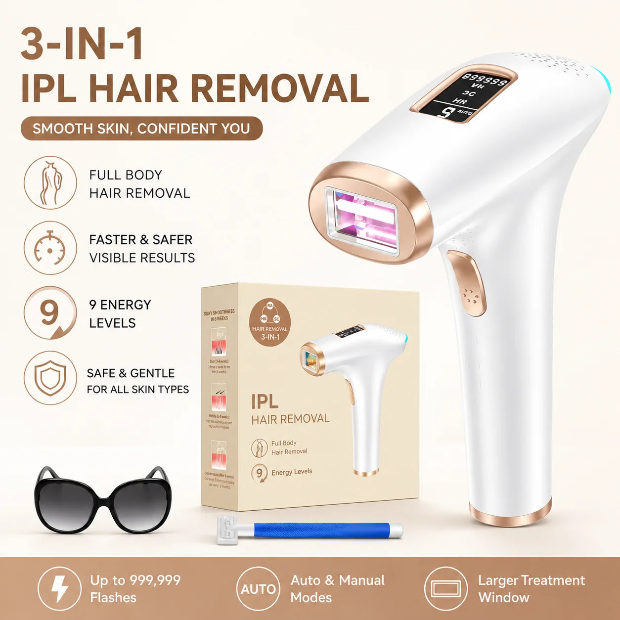 Hair Removal Device IPL Laser epilator 999,900 IPL Flashes, 9 Levels & 2 Modes,Face, Body, Armpits Pulsed Light Hair Remover