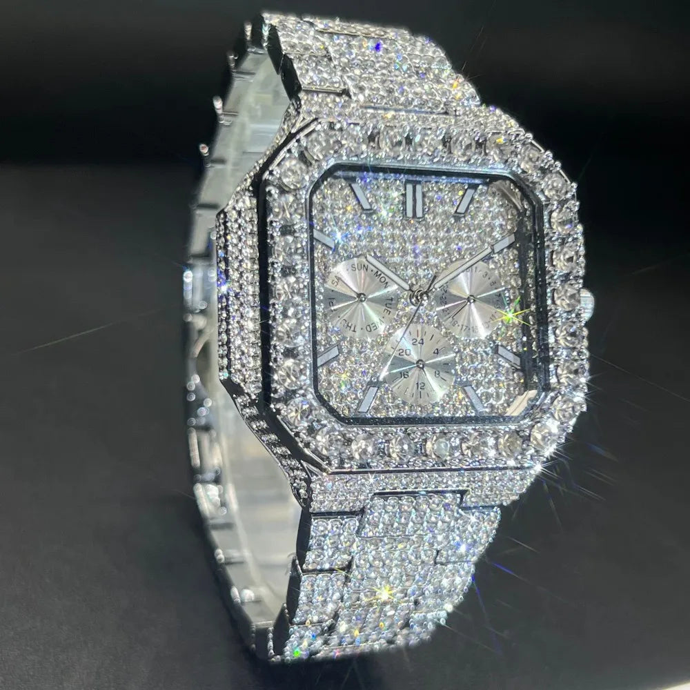 MISSFOX Luxury Diamond Quartz Watch for Men Square Dial Calendar Hip Hop lced Out GoldWristwatch Mens Fashion Accessory 2025