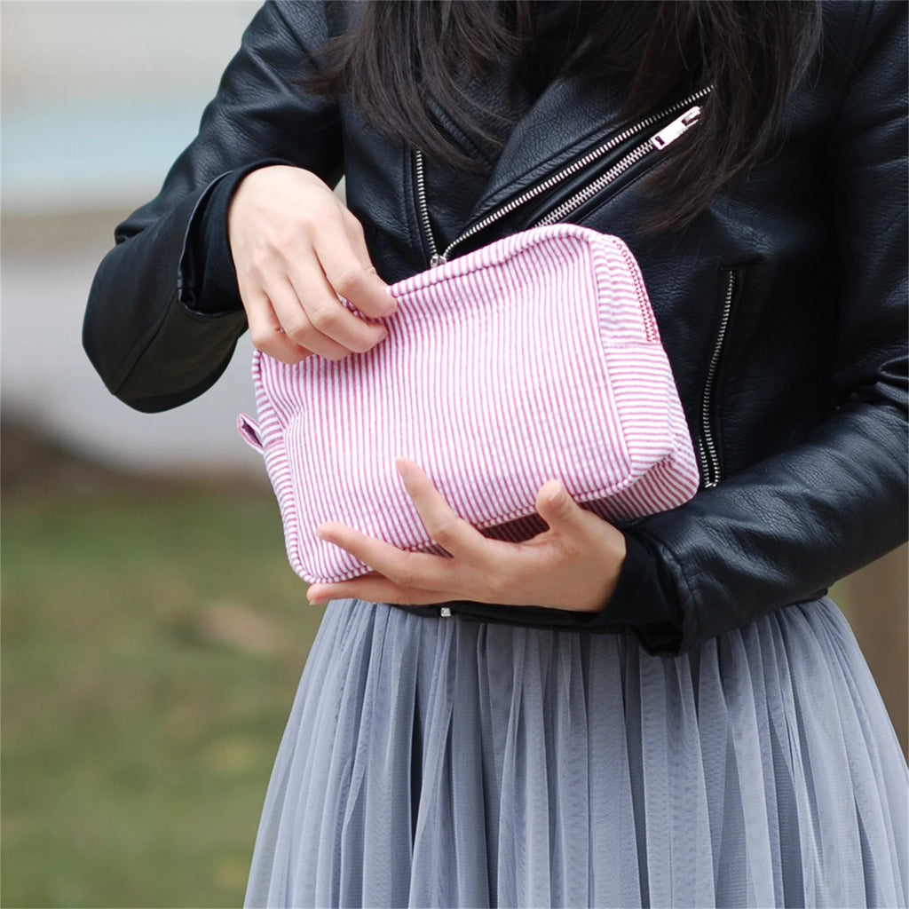 Seersucker Cosmetic Bag For Women Storage Makeup Bags Embroidery Toiletry Bag Bridesmaid Gift