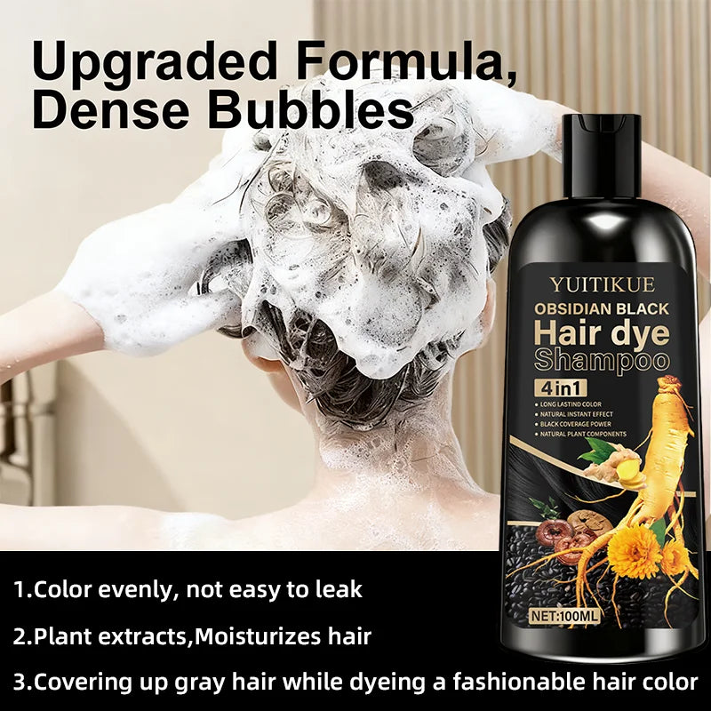 Obsidian black hair dye shampoo 4-in-1, long-lasting color, natural instant effect, black coverage, natural plant ingredients