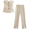 HH 2024 Women Solid Tube Top Pant Suit Sleeveless Off Shoulder Single Breasted Tube Top+All-match Straight Trousers Set TRAF