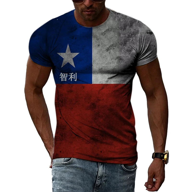 Summer T-shirts For Man 3D Print Hip Hop Harajuku Personality Round Neck Short Sleeve Fashion Natural Scenery Chile map and flag