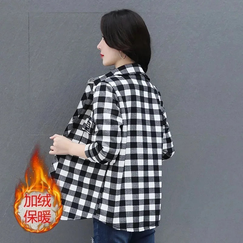 Keep Warm Add Velvet Shirt For Women 2026 New Spring Autumn Winter Fashion Versatile Grid Shirt Jacket Female Blouse Top