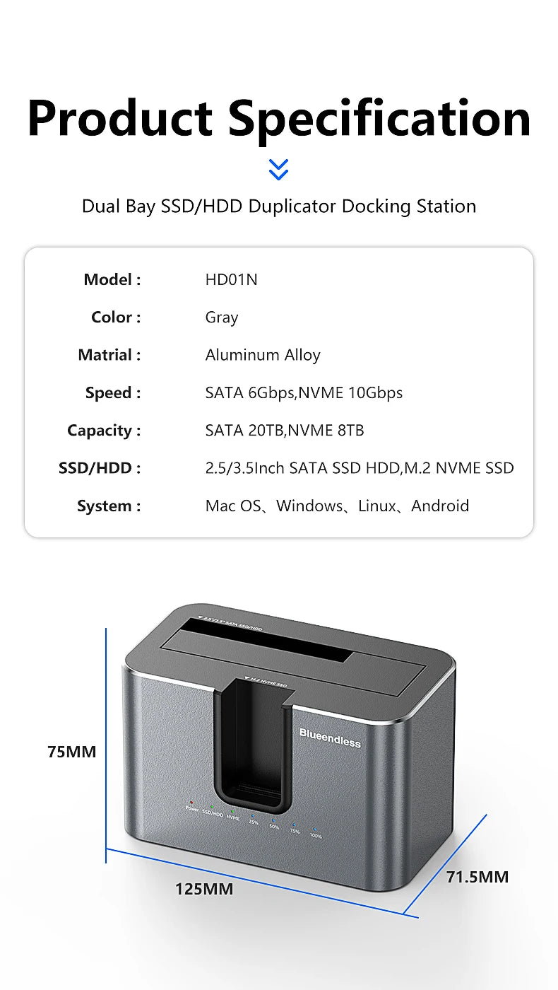 Blueendless offline Clone Function M.2 NVME to SATA 2.5 3.5 2.5/3.5 Inch SSD HDD Duplicator Docking Station Enclosure Adapter