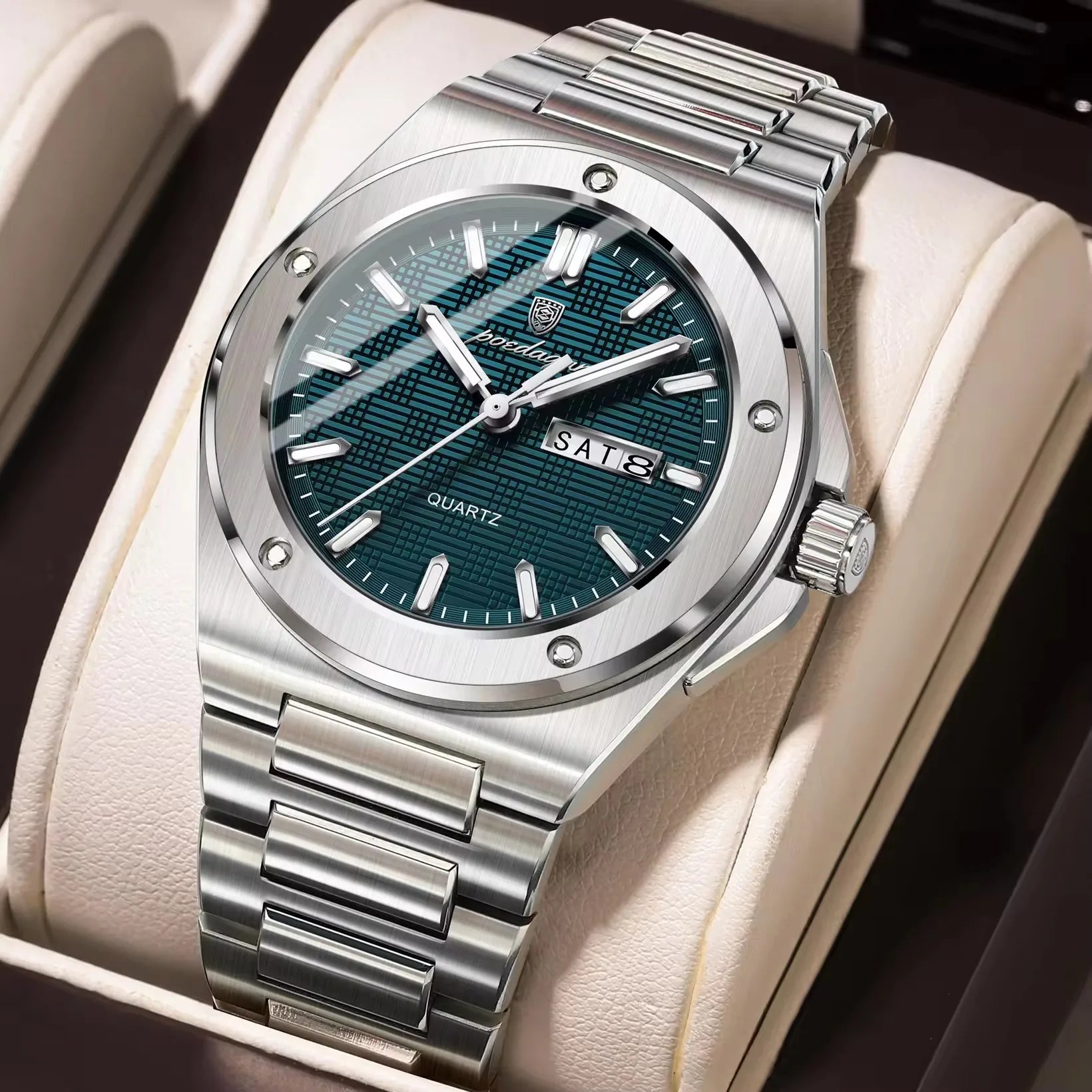 Poedagar 696 Hot Sale Men Stainless Steel Band Quartz Movement Watch Waterproof Fashion Business Luminous Calendar Wristwatch