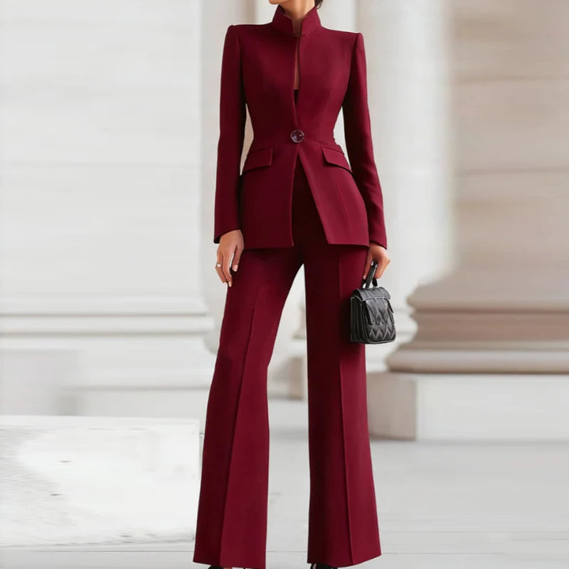 Elegant Long Sleeved Blazer+Pants Suit Autumn Simple Solid Color Commuting Outfit Women's Temperament Slim Fit Professional Set