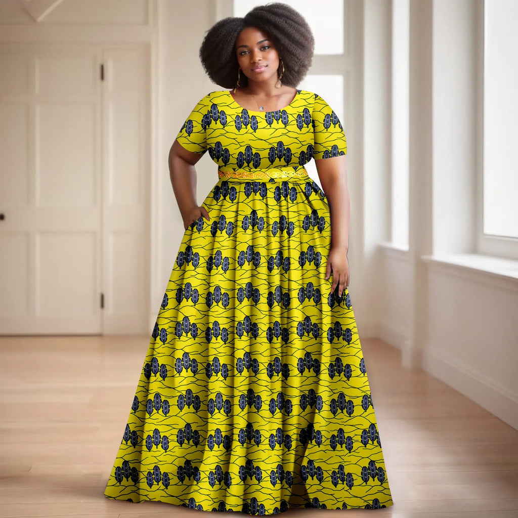 Afripride African Women's Dresses Ankara Batik Short Sleeve Gold Stamped Belt Accessory Dress 2425127