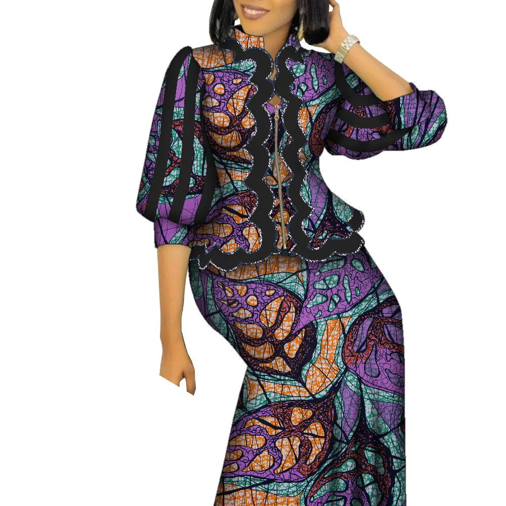 African Outfits for Women Matching 2 Piece Set African Print Puff Sleeve Zipper Top and Long Skirts Suits for Women WY1469