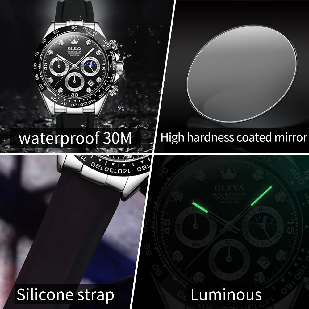 OLEVS 2875 Men Watch Original Fashion Brand Quartz Waterproof Luminous Watch For Man Three Small Dial Sport Moon Phase Watch