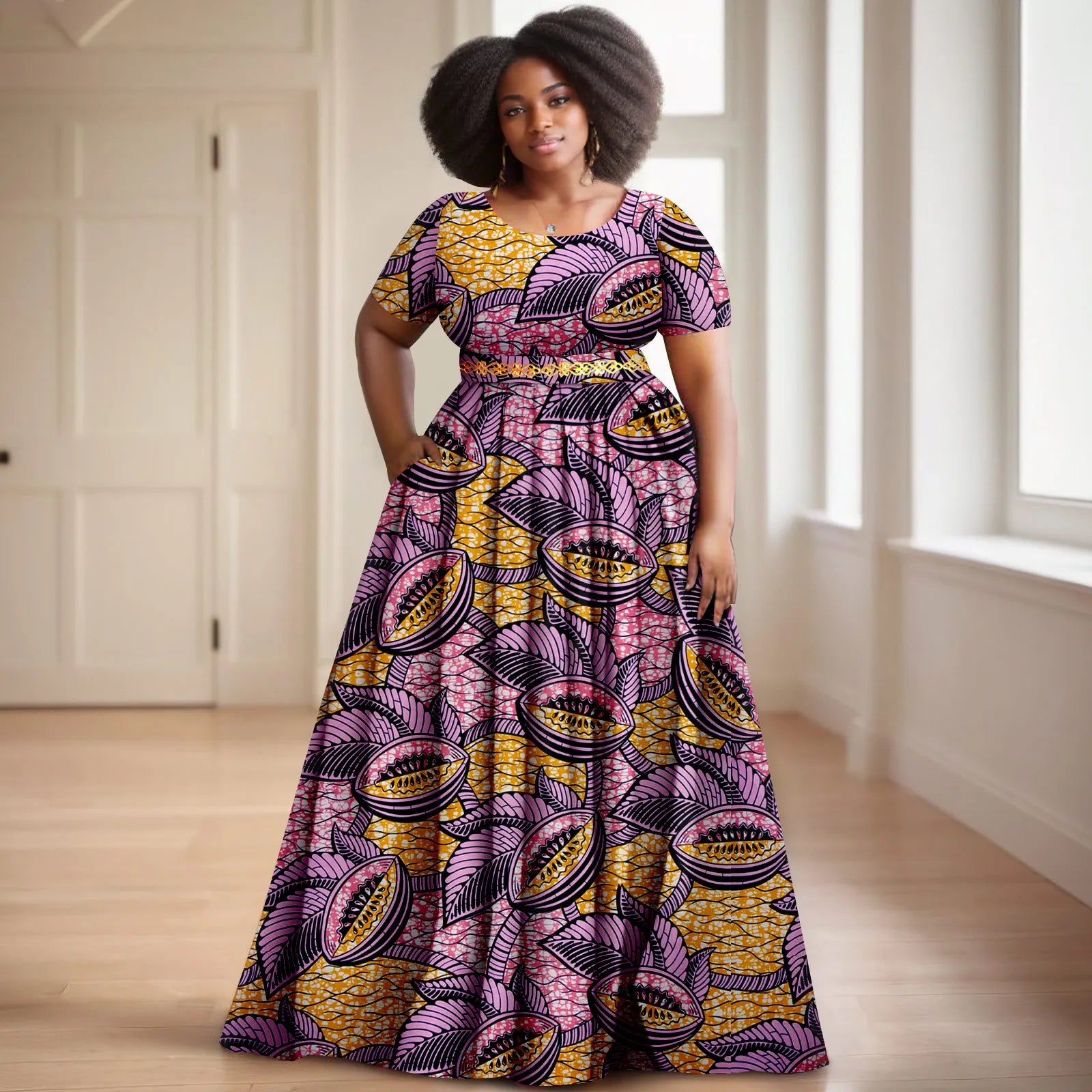 Afripride African Women's Dresses Ankara Batik Short Sleeve Gold Stamped Belt Accessory Dress 2425127