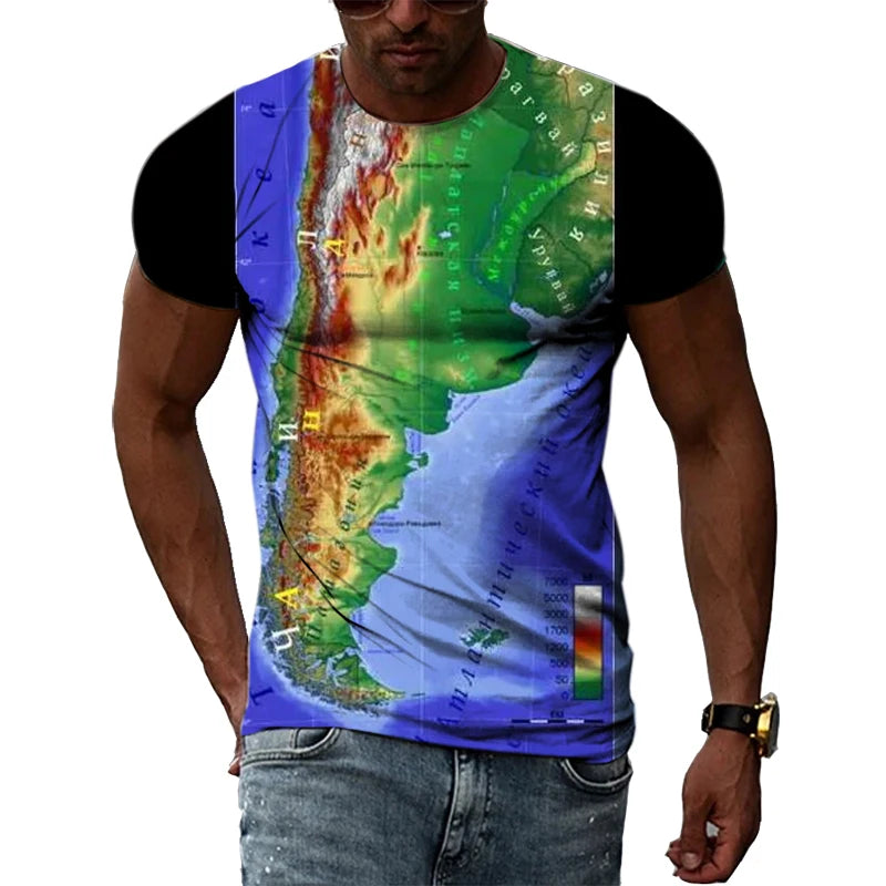 Summer T-shirts For Man 3D Print Hip Hop Harajuku Personality Round Neck Short Sleeve Fashion Natural Scenery Chile map and flag