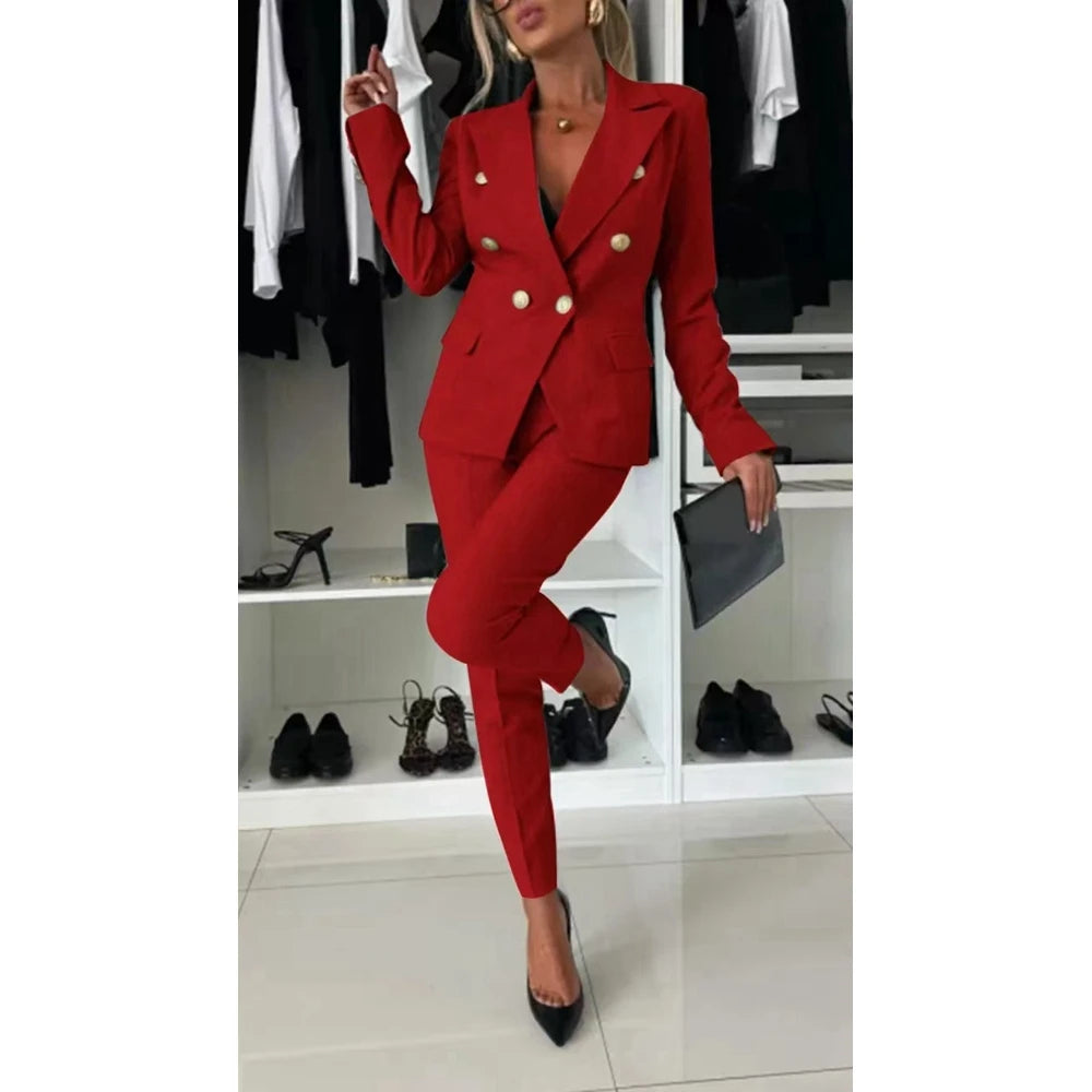 Women Casual Plain Blazer Coat & Work Pants Set Formal Solid OL Style 2 Pieces Set Bussiness Office Lady Suit Sets Workwear